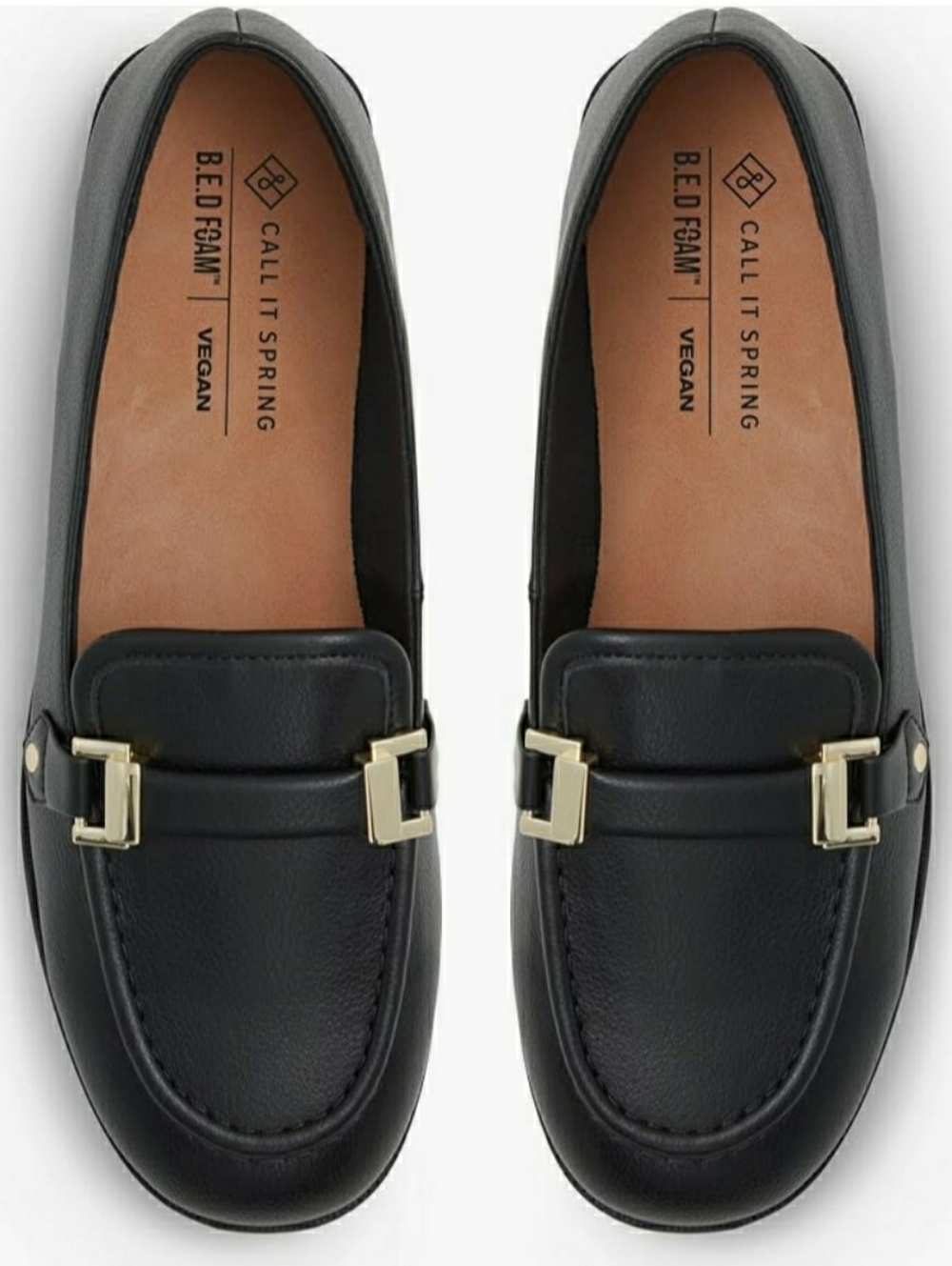 Call It Spring Donnah Black Vegan Loafers with Gold Buckle Accent